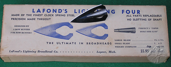 original box for one dozen LaFond's Lightning-4 broadheads with good graphics on construction   © Falk 2009
